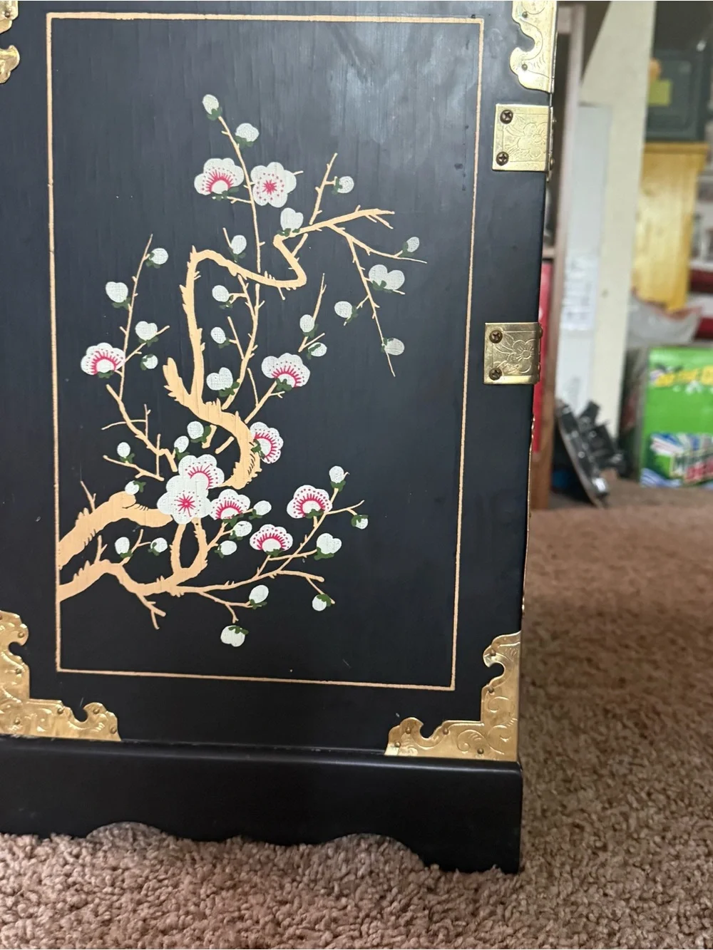Beautiful Black laquared Vintage Floral Jewelry Cabinet with Gold Hardwood.